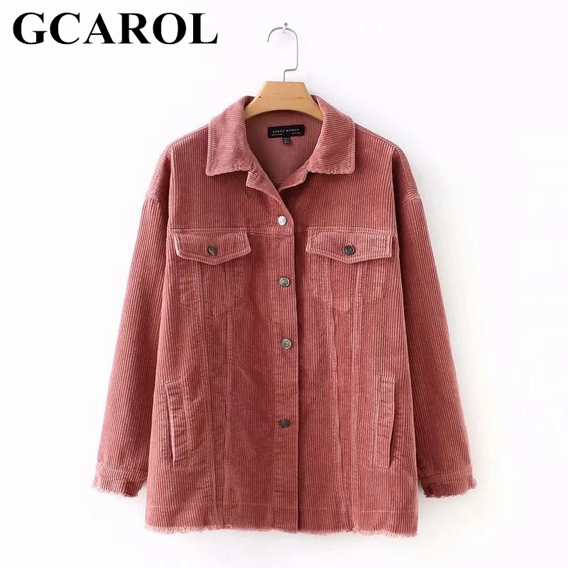 GCAROL New Striped Corduroy font b Jacket b font Turn Down Collar 4 Pockets Single Breasted