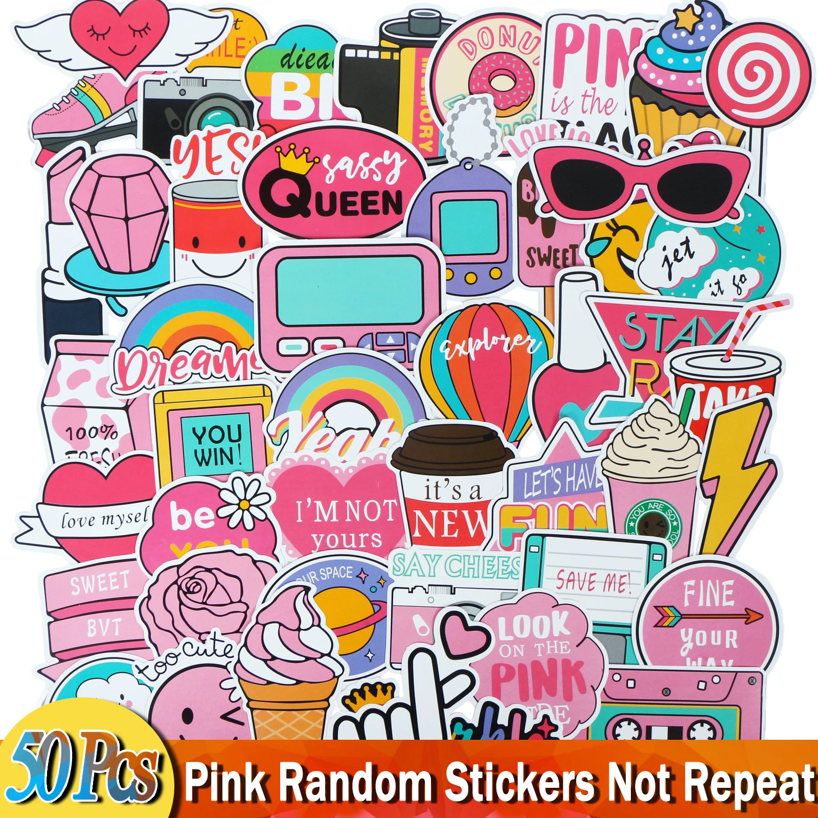 

50 PCS Mixed Pink Cartoon Sticker For Laptop Car Luggage Skateboard Suitcase Fridge JDM Waterproof PVC Stickers DIY Funny Toy