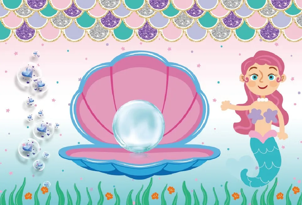 

Laeacco Little Mermaid Backdrops Pearl Shell Fish Scales Bubble Birthday Cartoon Photographic Backgrounds Photocall Photo Studio