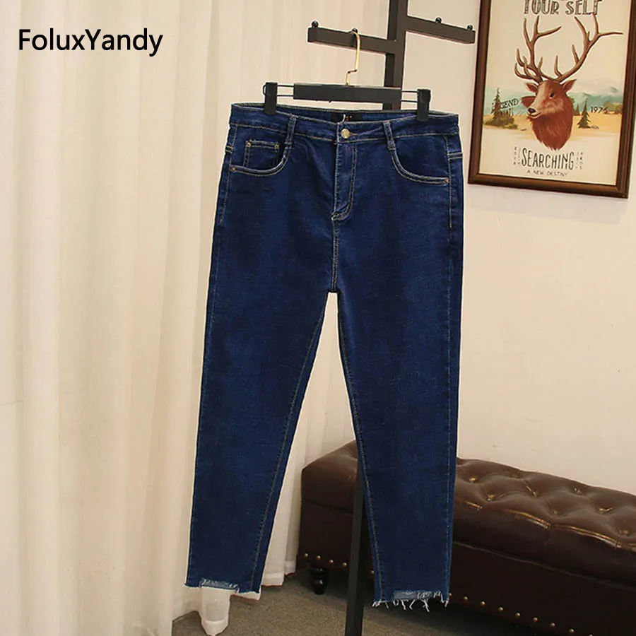 Кисточкой узкие джинсы плюс размер 3 4 XL женские джинсовые узкие брюки Синий Черный Повседневная Тонкий растягивается джинсы SWM988