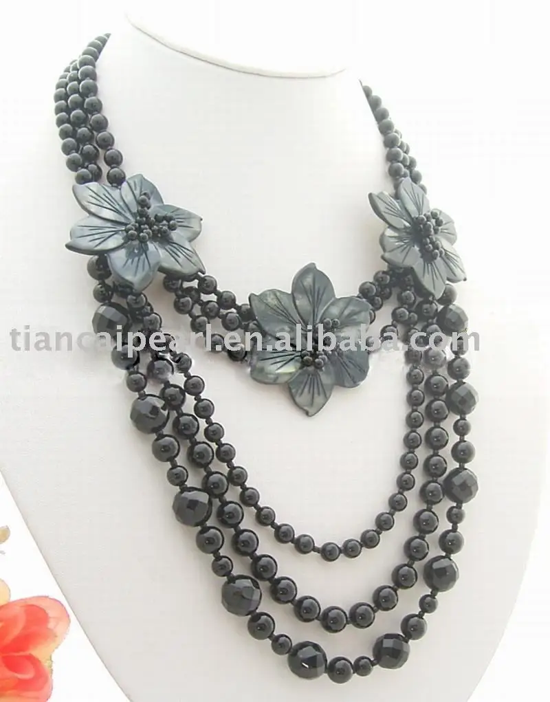 Free ship!!! Amazing!!!natural black agate beads&ampblack flower necklace |
