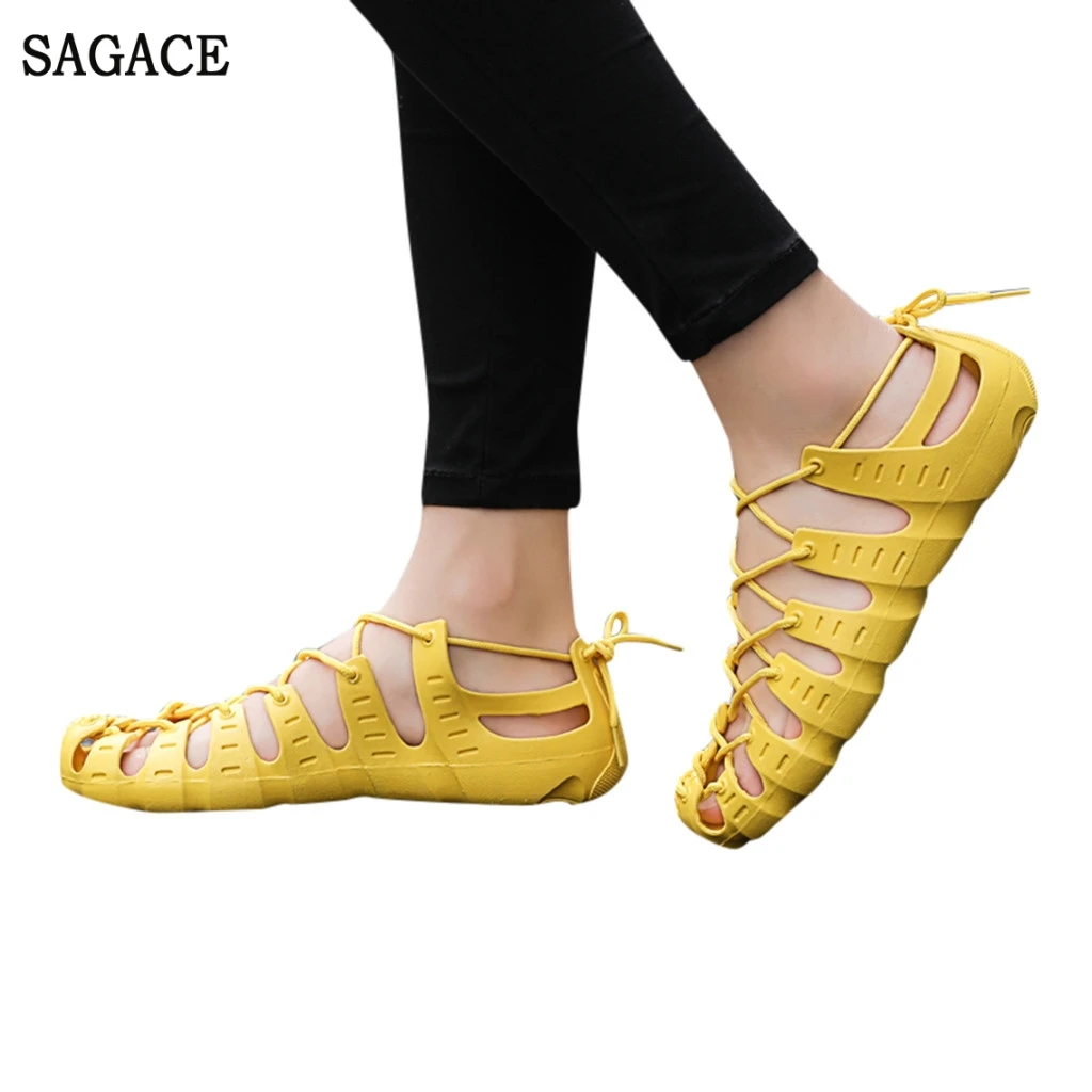 

SAGACE Women Ankle Strap Sandals Soft Flat Bottom Elastic Band Sandals Shoes Women Candy Color Hollow Out Beach Sandals Shoes