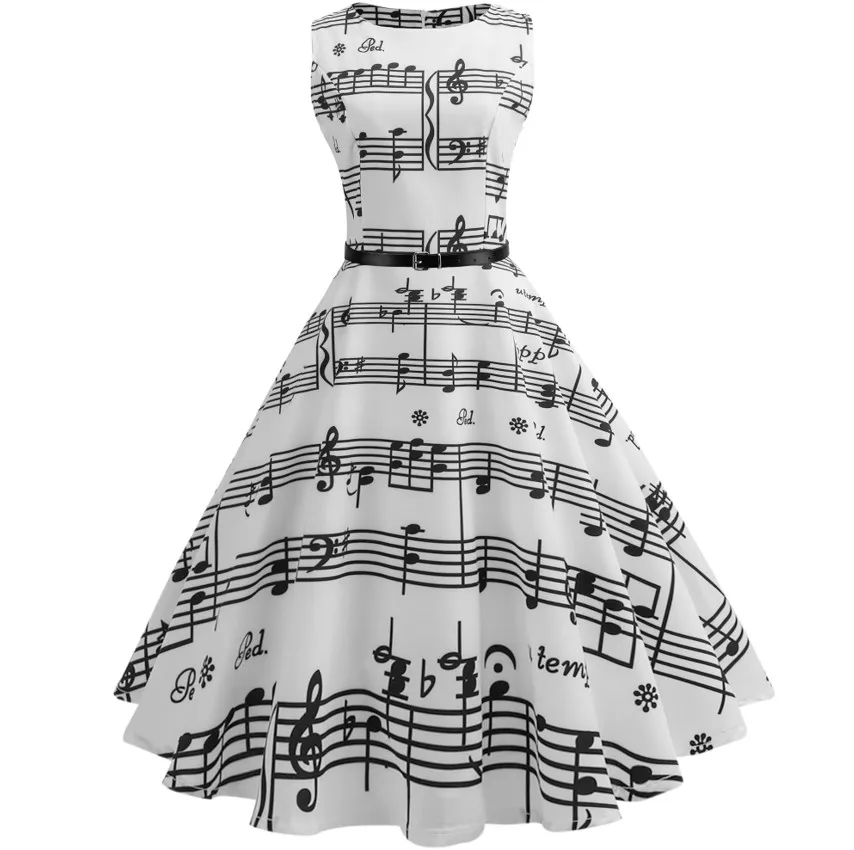 Белое платье с нотами, летнее женское платье с высокой талией, цветочный подиум, сарафан, туника, халат, элегантное винтажное ретро платье в стиле рокабилли