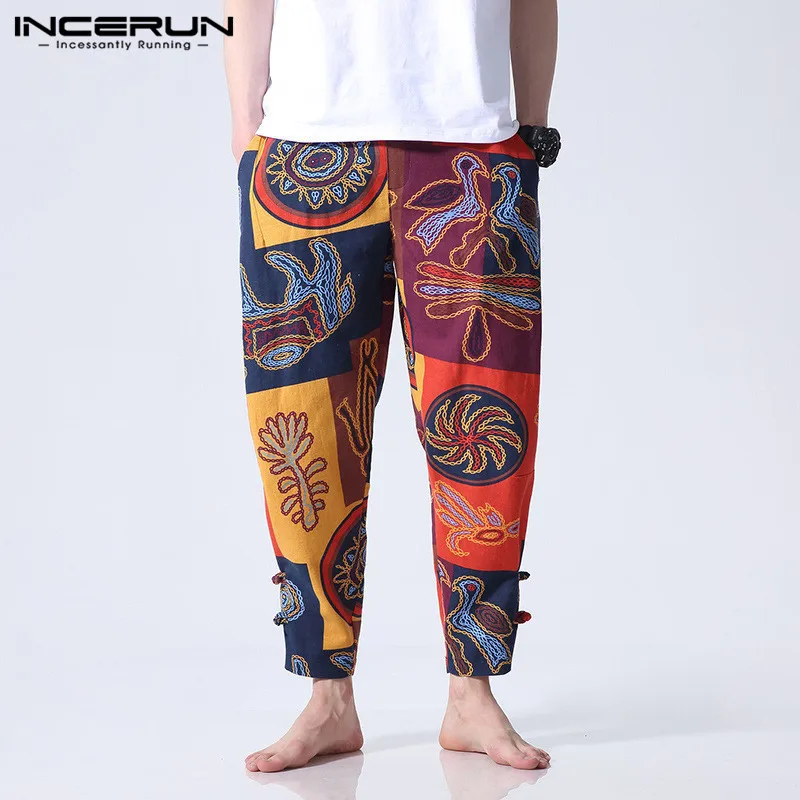 INCERUN/Этнические мужские брюки с цветочным принтом; повседневные широкие брюки для фитнеса; мешковатые хлопковые уличные брюки-шаровары для бега - Цвет: Orange Pants
