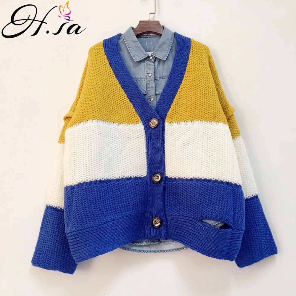

HSA 2018 Women Patchwork Cardigans Autumn Oversize Knitted Sweater Jumpers and Cardigans Vneck Candy Color cardigan Femme