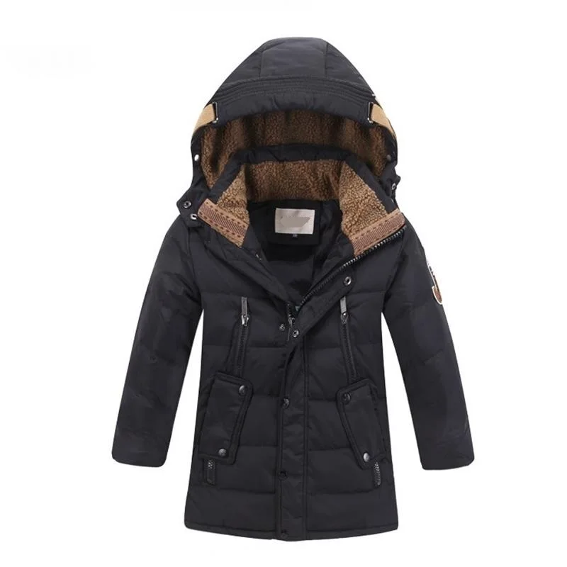 Детские зимние куртки до-30 градусов, стеганая детская одежда на утином пуху, год, теплое зимнее пуховое пальто для больших мальчиков, утепленная верхняя одежда - Цвет: Black