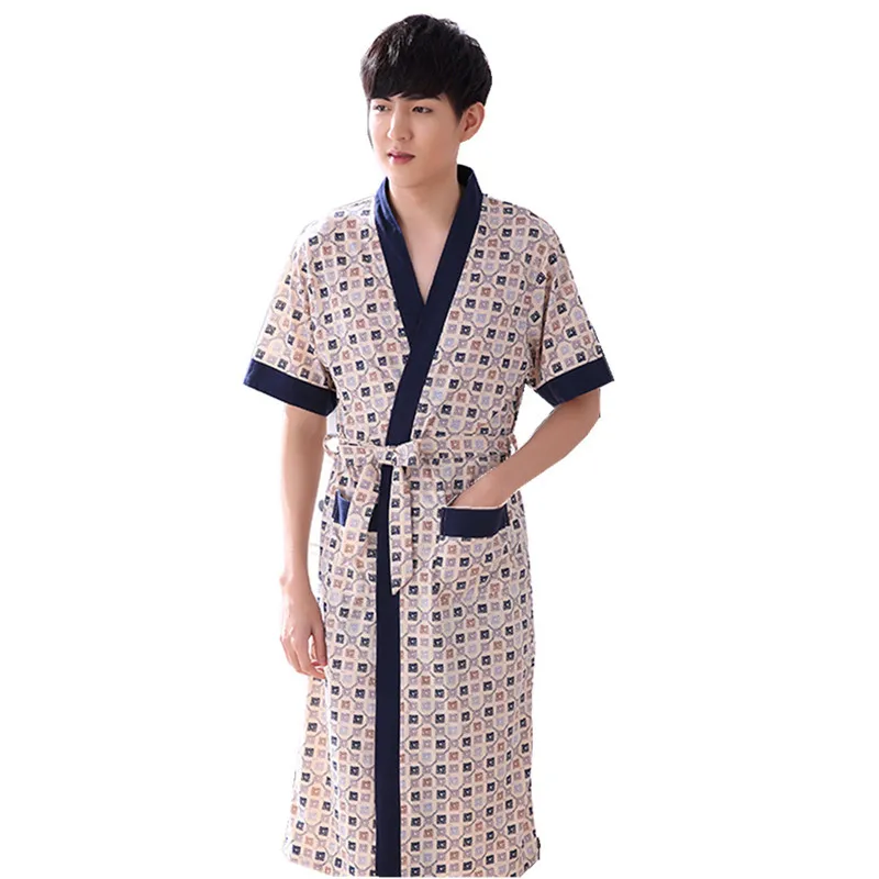Summer thin colored cotton short sleeve robe male summer medium long