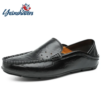 

YEINSHAARS Summer Men Genuine Leather Slip On Shoes Hollow Out Breathable Flats Men Shoes Driver Sneakers Comfortable Loafers