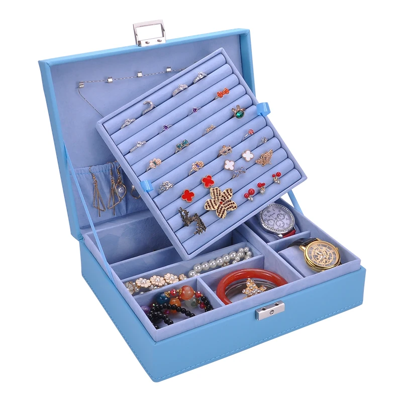 Guanya mujeres de cuero rectangular anillos de embalaje pendientes organizador de almacenamiento caja de exhibición exquisita caja de joyería de viaje regalo - 4