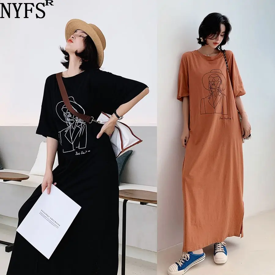 

NYFS Summer dress 2019 New Loose large size short sleeve Extra long dress Vestidos Robe Elbise Fashion simple print Women dress