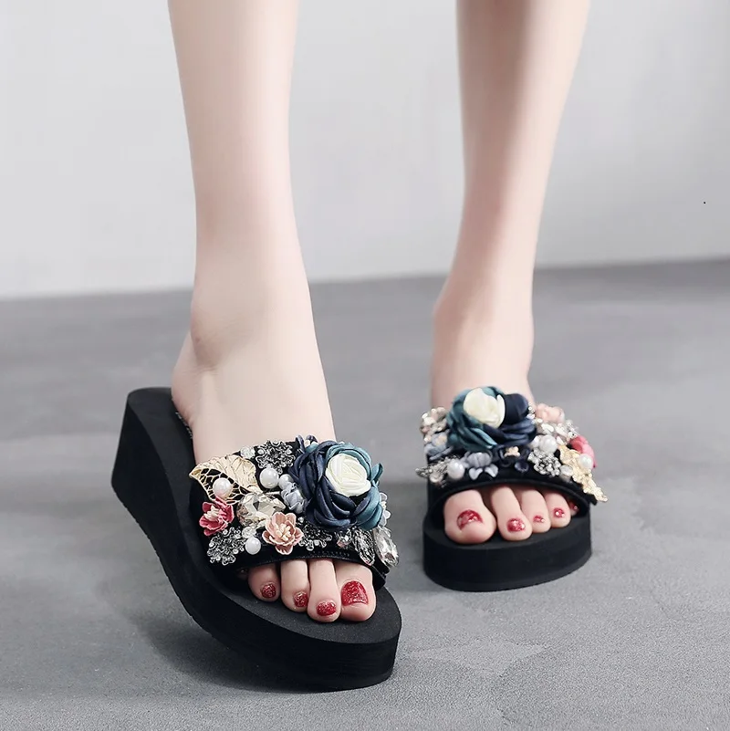 high heel-5cm-Blue Г., летние тапочки с самодизайном повседневные женские модные сандалии для улицы Вьетнамки пляжная обувь Большие размеры 3-5-7 см - Цвет: high heel-5cm-Blue