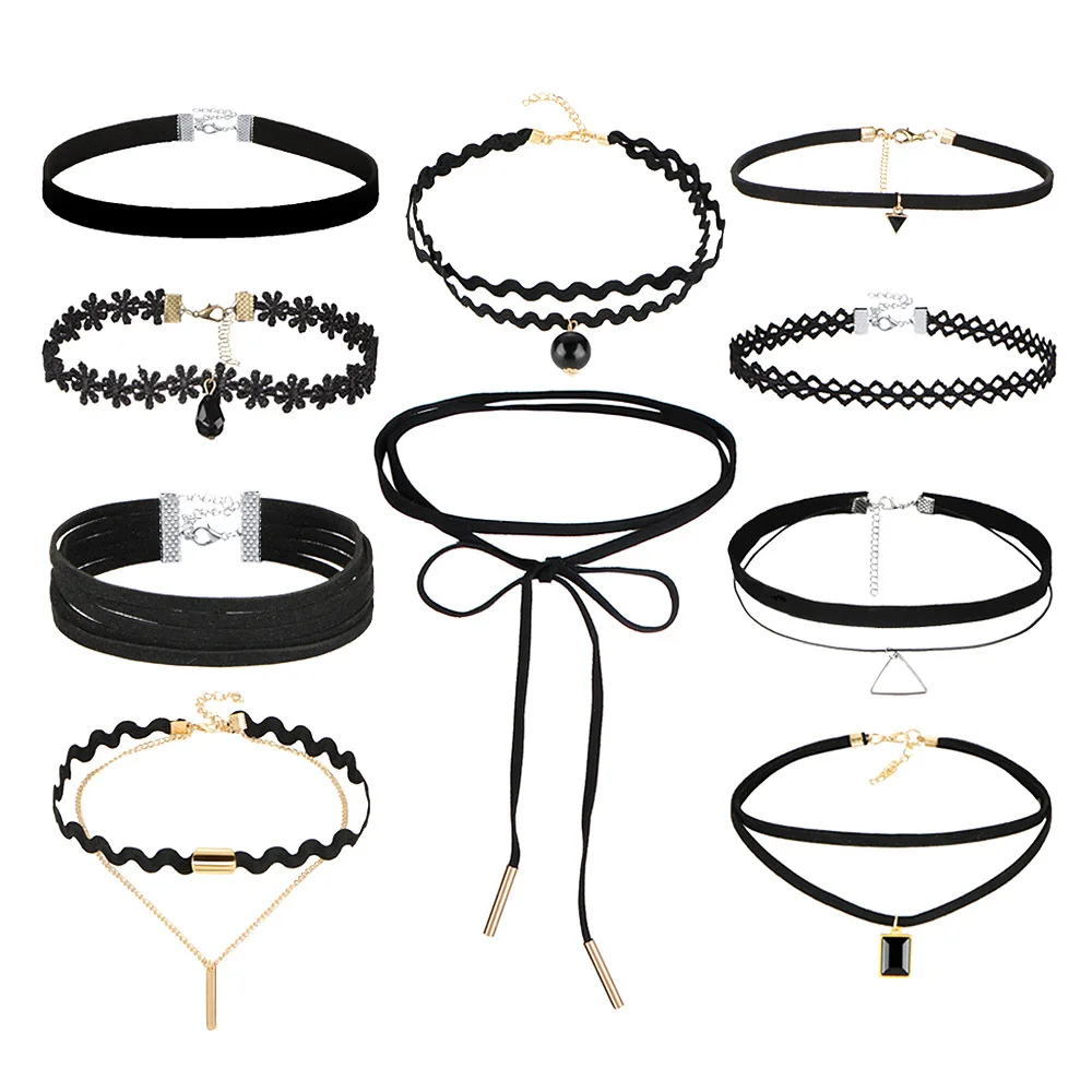 

10 PCS/Set New Gothic Tattoo Leather Choker Necklaces Set for Women Casual Dress Hollow Out Black Lace Necklace Jewelry Collier