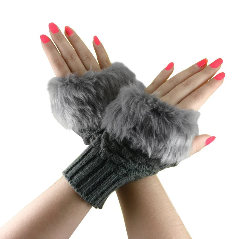 Модные зимние женские перчатки, плюшевые вязаные шерстяные перчатки из искусственного меха, сохраняющие тепло, короткие перчатки без пальцев для девушек и девушек, перчатки на половину пальцев TS95 - Цвет: deep
