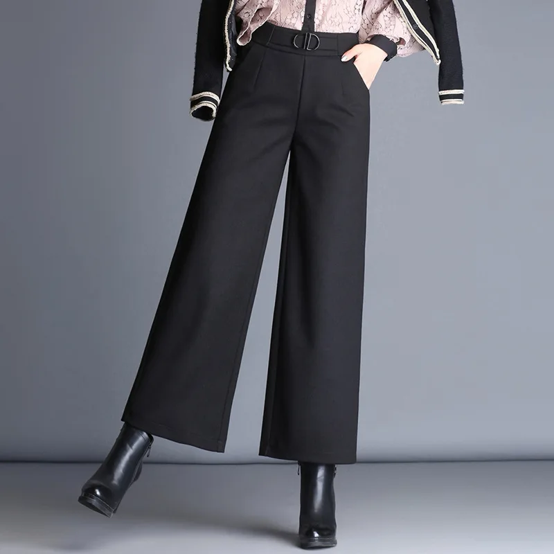 Шерстяные женские широкие брюки с девятью точками, осень и зима, новые утолщенные эластичные повседневные штаны с высокой талией, коричневые, черные