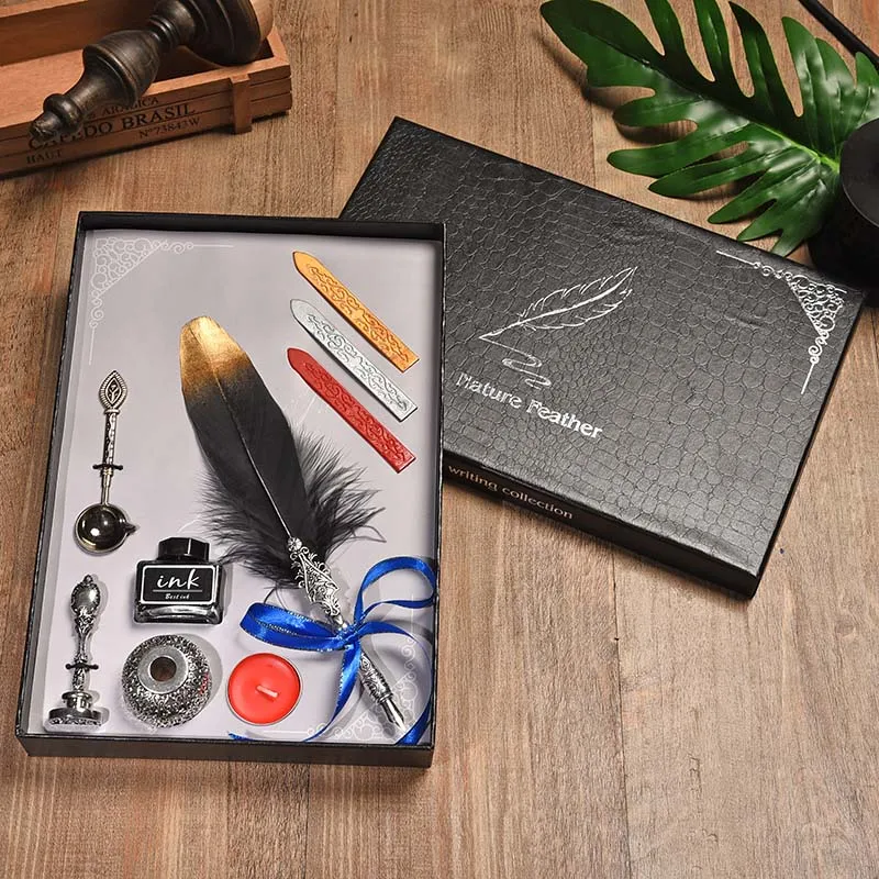 BNB, винтажная перьевая ручка, персональная, Dip чернильная ручка, набор, креативное письмо, офисные принадлежности, металлическая авторучка с подарочной коробкой, 10 цветов - Цвет: Черный
