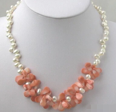 

FREE SHIPPING>>@> A906 Real Freshwater White Pearl Pink Coral Pendant White Gold Plated Clasp Necklace