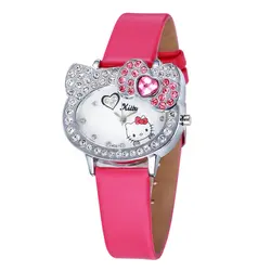 Рисунок «Hello Kitty» часы Для женщин часы роскоши горный хрусталь Для детей смотреть мультфильм часы Детские кожа часы Saat подарок Montre Enfant