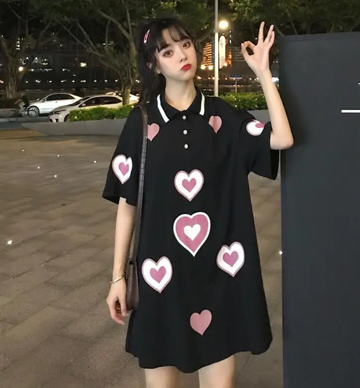 

Summer Love Heart Print Short Sleeve Loose Dress
