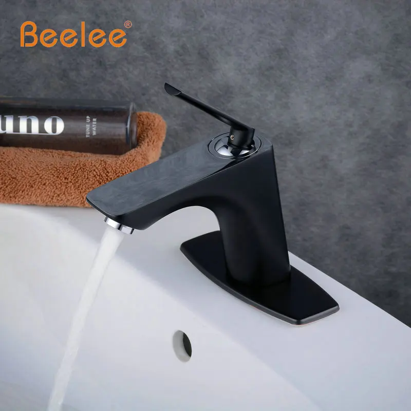 Petróleo Friccionada Bronze Único Punho Deck Montado Banheiro Bacia Sink Torneiras 1 Buracos Quente E Fria Torneiras Misturadoras com Deck Placa De Cor Preta