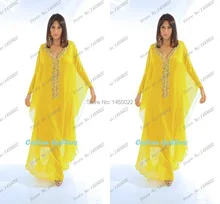 2016 New Yellow Abaya Chiffon Crystal Abaya In Dubai Islam Jalabiya Arabic Islamic Moroccan Kaftan Muslim Evening Dress
