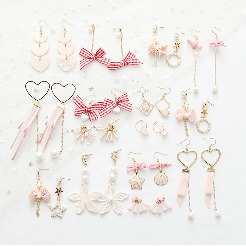 

New Fashion 2019 Korean Earrings Pink Color Bow Dangle Earrings For Women Girls Flower Star Heart Geometric Women Accessories