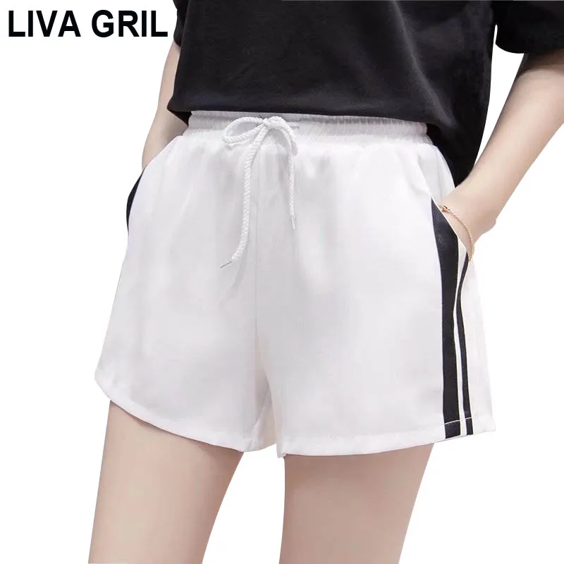 

LIVA GRIL High Waist Women Shorts Casual Summer Lace Up Wide Leg Short Workout Striped Shorts Femme S-2XL 6 Colors Hot Pants