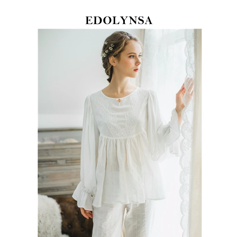 

2020 Pyjamas For Women Solid Pajama Sets Cotton Women White Home Wear Sexy Indoor Clothing Long Pants Lace Sleepwear #H376