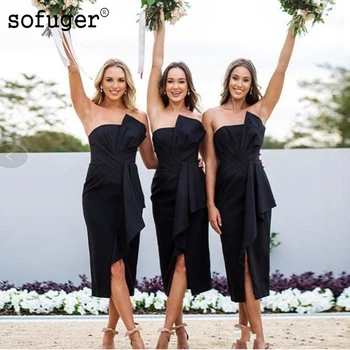 

Black Excellent Satin Tiered Pleat Special Occasion Bridesmaid Dresses Formal Vestidos Wedding Party Dresses