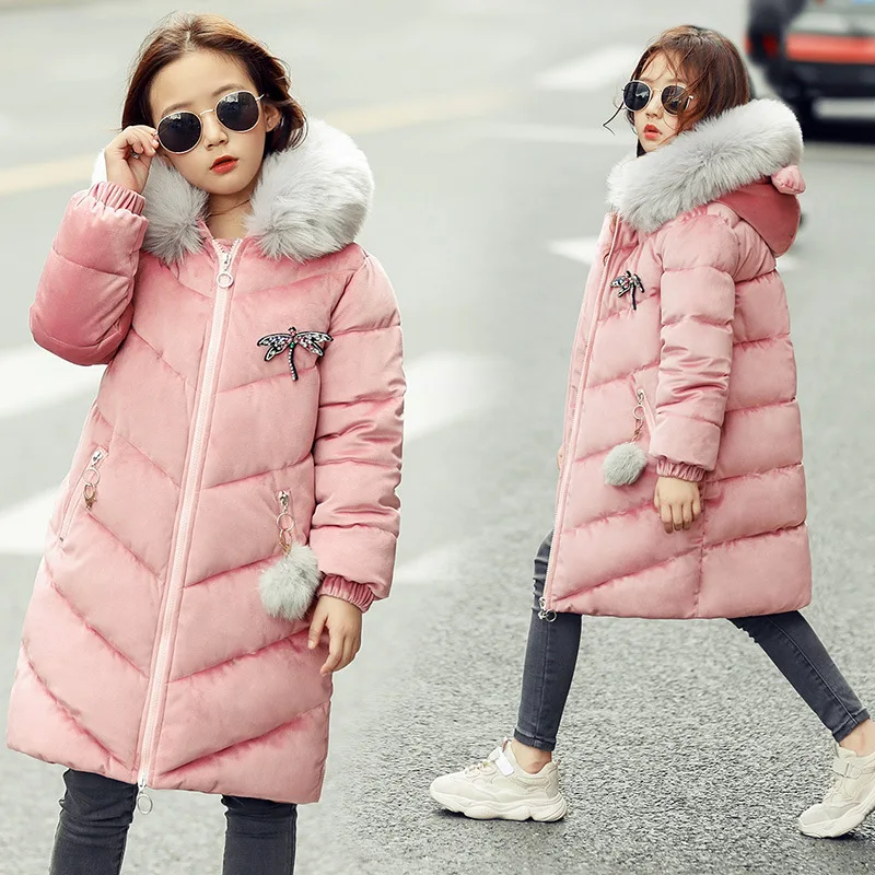 

2018 girl Winter Cotton Warm Cotton-padded Jacket children Winter Jacke Park for A Girl kids Long large fur collar coat