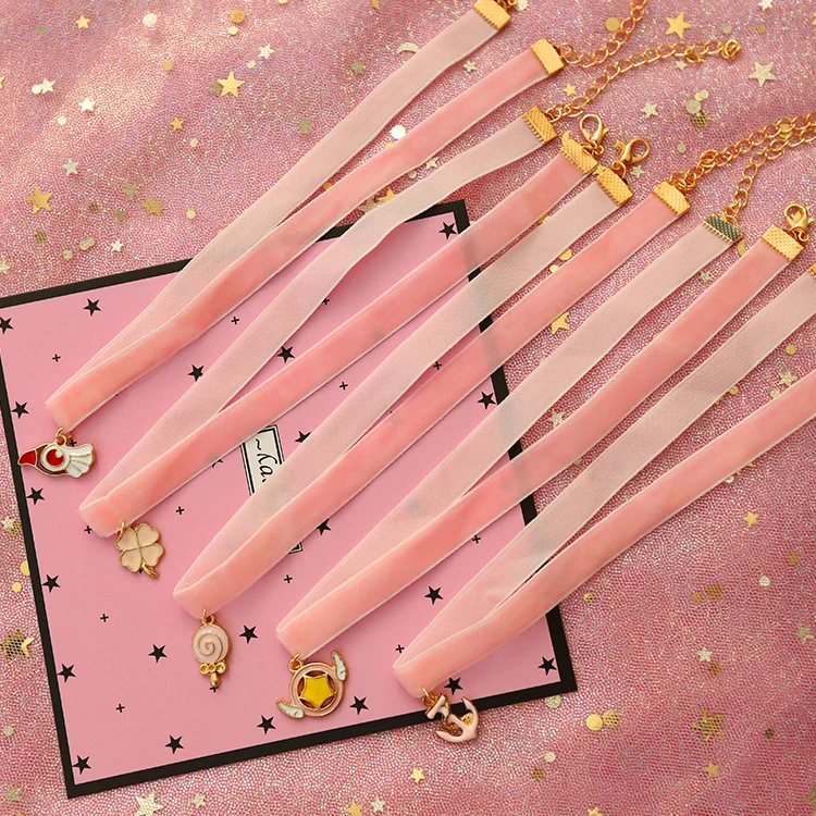 

New Anime Card Captor Sakura Logo Choker Necklace Pink Ribbon Metal Enamel Star Wand Pendant Charm Gift Cosplay Props