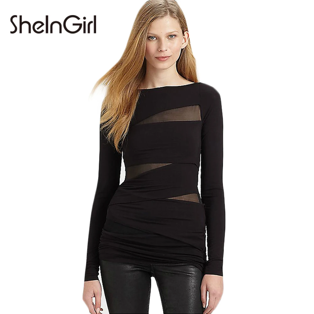 SheInGirl Black Fashion Women Tops Wrap Sheer Mesh Sheer Patchwork Slim