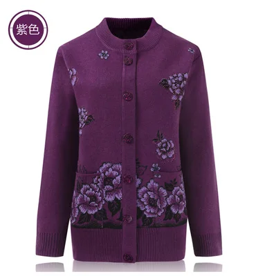 Женский вязаный свитер среднего возраста, осенне-зимний однобортный Свободный теплый свитер, кардиган, пальто, плюс размер 4XL - Цвет: Purple