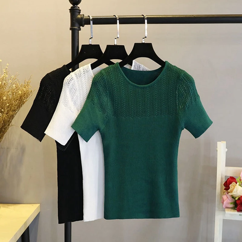 

BYGOUBY Summer Knitted T Shirt Women Short Sleeves Top Sexy Hollow Out Tee Shirt On-Neck High Elasticity Femme T-Shirt