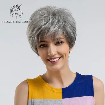 

BLONDE UNICORN Fluffy Pixie Cut Short Hair Wigs Ash Gray Black Ombre Highlights 30% Human Hair Wig With Side Bangs Free Shipping