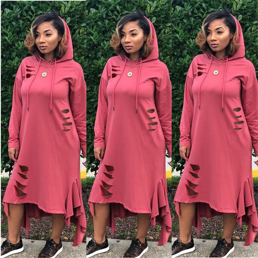 

GuyuEra New African Dashiki Dresses for women European and American Fashion Women's Solid Color Burnt Hooded Fungus Hem Dress
