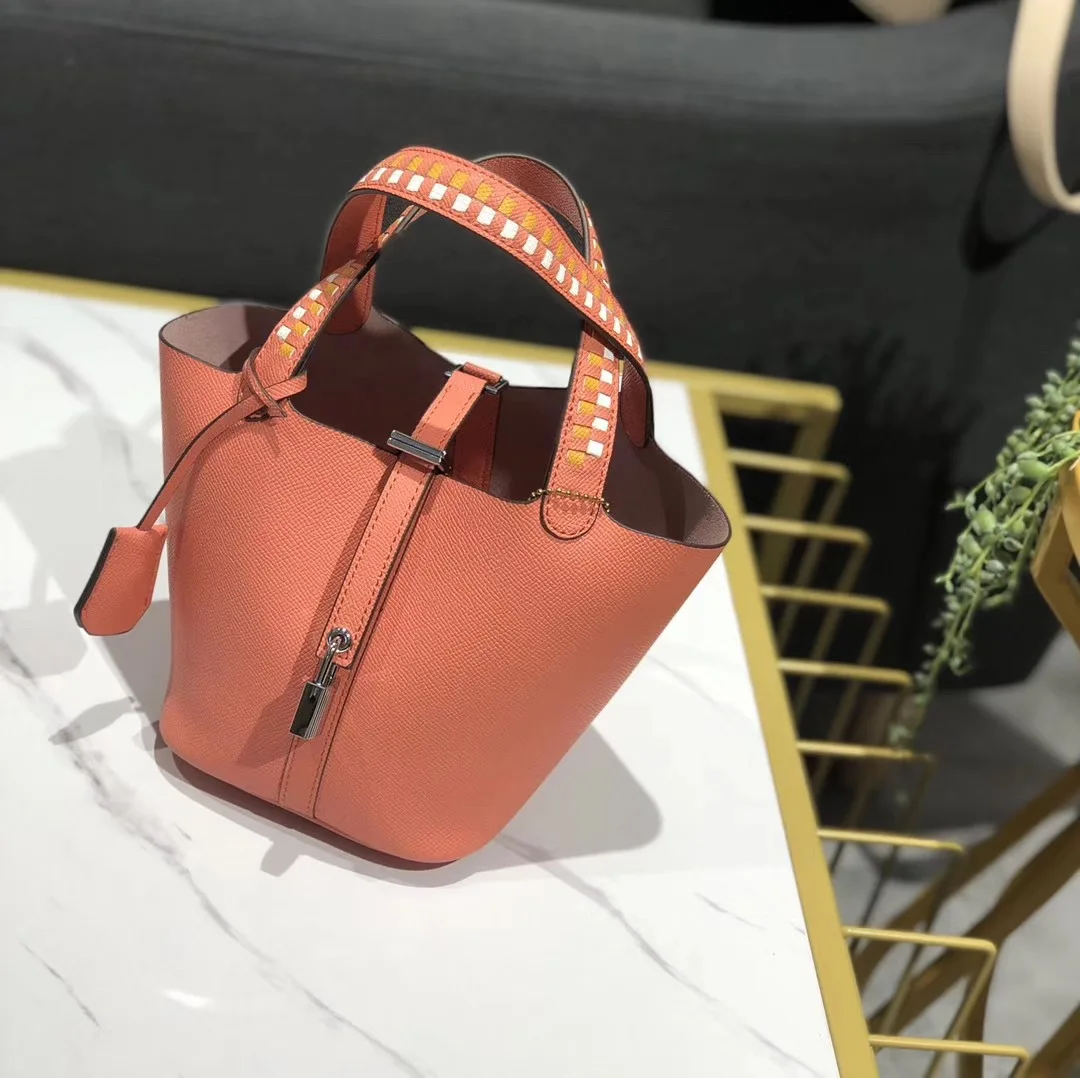 Genuine Leather Women Shoulder Bags Bucket Bag for Girls Crossbody Bags for Women Luxury Handbags Women Bags Designer - Цвет: Lobster pink