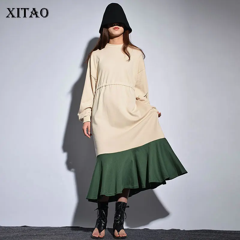 

[XITAO] Loose Women Fashion 2019 New Pleated Patchwork Dress Female Casual Ruffles O-neck Full Sleeve Mid-calf Dress WBB1323