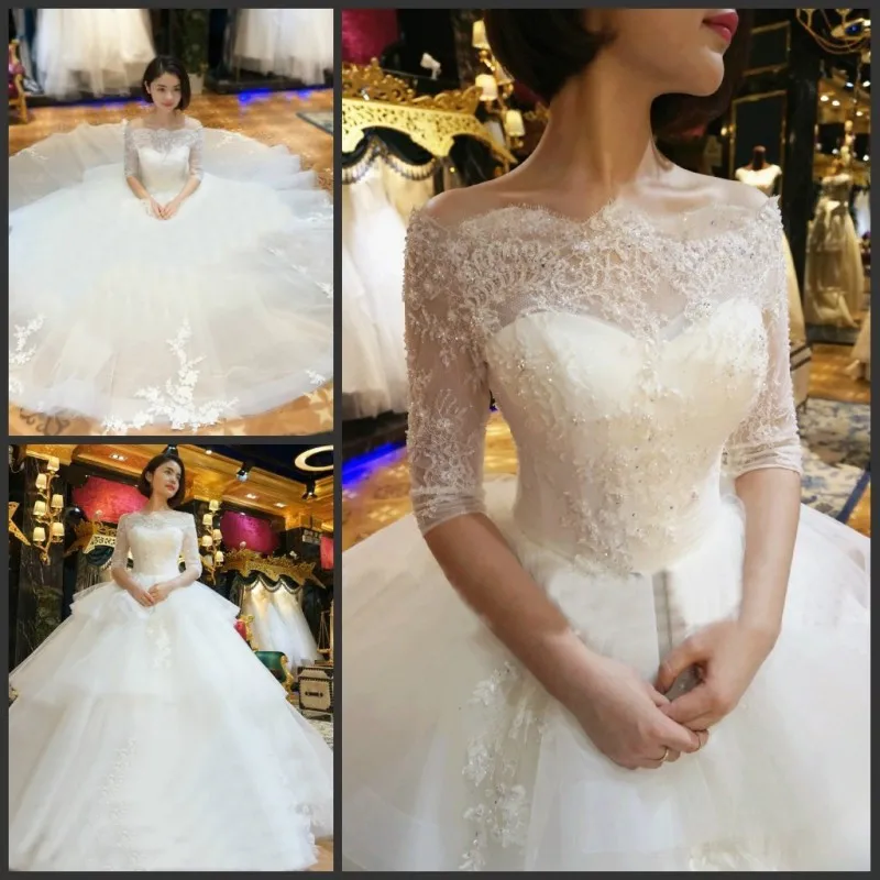 

2016 Custom Made Half Sleeve Ball Gown Wedding Dresses With Pearls Ruffles Princess Bridal Dresses Vestido De Noiva IZ579
