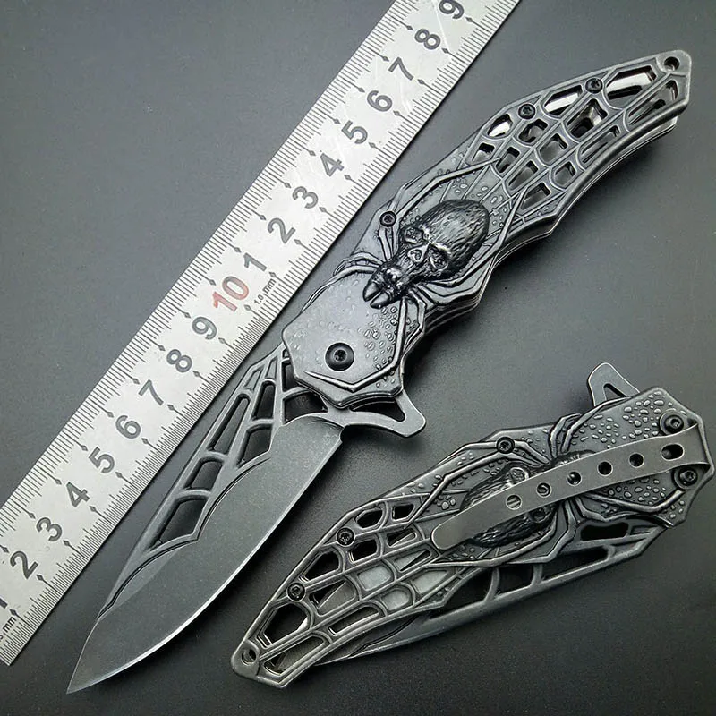 Spider Stonewash 440C Folding Knife Tactical Folding Blade Spider web