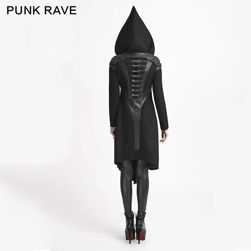 Punk Rave Steampunk Women Hooded Long Coat Black Zipper