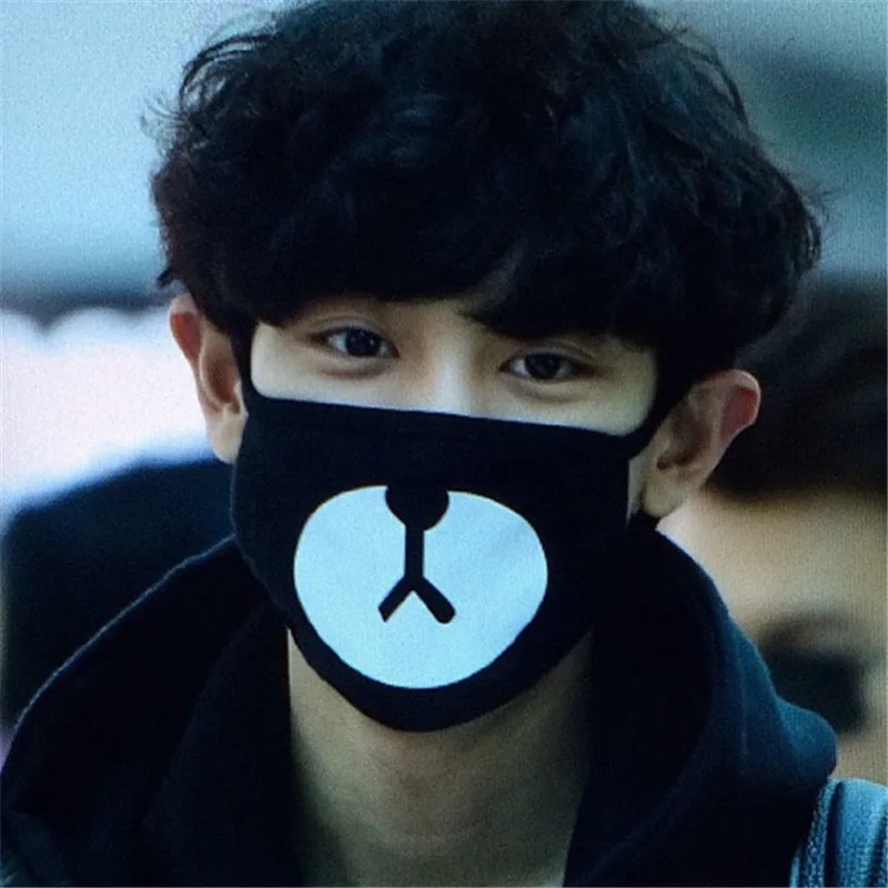 

1Pcs Cute Bear Printed Black Color Men Women Anti-Dust Cotton Mouth Face Mask Respirator Kpop Earmuff Mouth-muffle EXO Cartoon