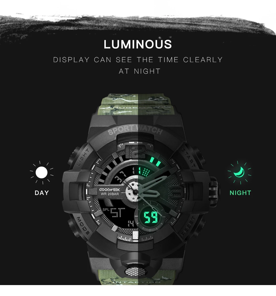 GOODWEEK Men Sport Watch Camouflage S Shock Military Watches Waterproof Multi-functional Dual Display Watches Relogio Masculino