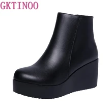 GKTINOO/ ботинки из натуральной кожи; сезон осень-зима; женские ботильоны; женские ботинки на танкетке; женские ботинки; Теплая обувь на платформе