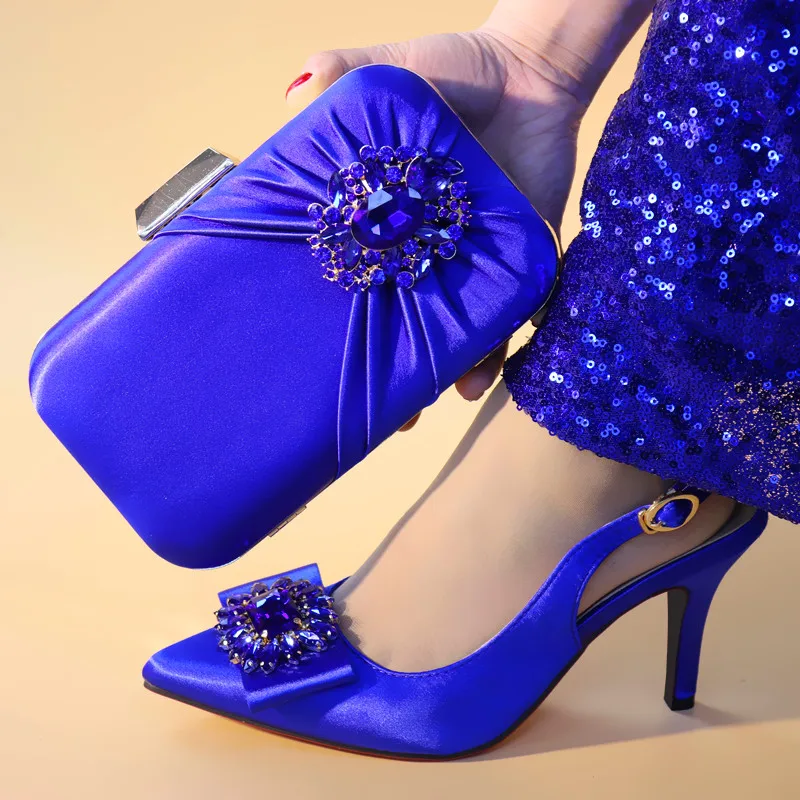 

Royal Blue Wedding Italian Shoes with Matching Bags Set Decorated with Rhinestone African Shoes for Women High Heels Party Pumps