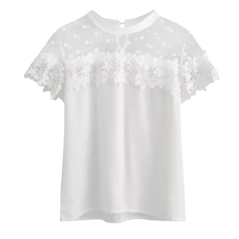Fashion womens tops and blouses summer 2018 Short Sleeve Chiffon Lace Blouse Tops Clothes White T Shirt camicette Y16#N  (6)