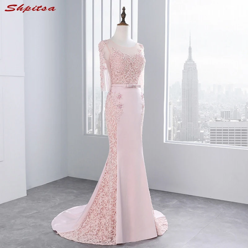 

Pink Long Sleeve Lace Prom Dresses Mermaid Party Evening Dress for Graduation vestido de formatura longo