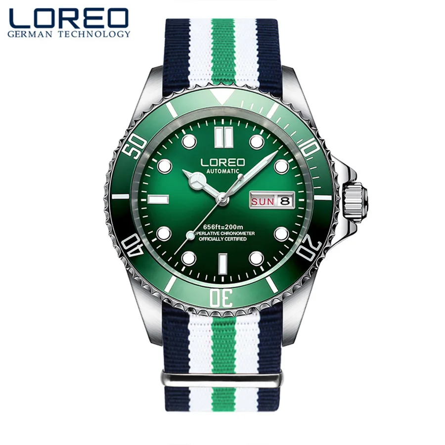 LOREO 200M Дайвинг серии механические часы Для мужчин 316L нержавеющая сталь световой неделю Дата, сапфировое Водонепроницаемый автоматические часы Для мужчин s - Цвет: Nylon Green