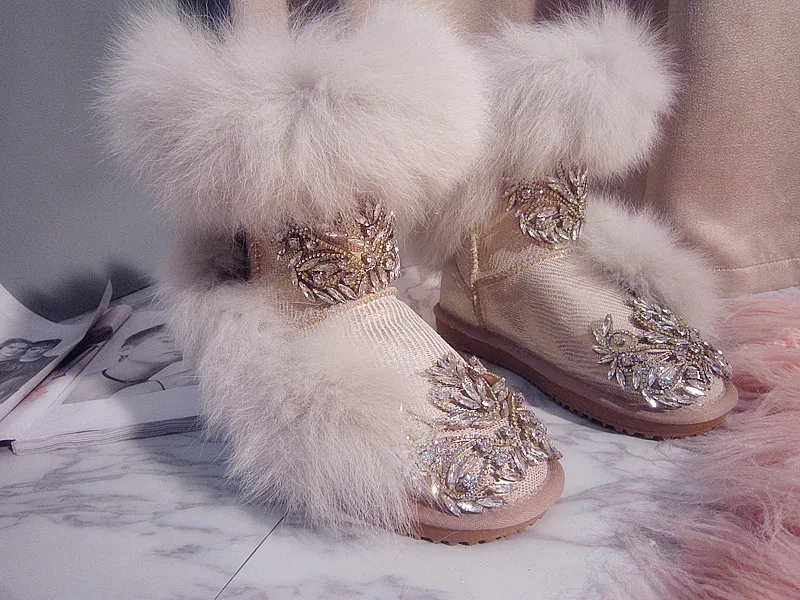 

Luxury Rhinestones Fox Fur Winter Woman Boots Flat Warm Botas Nieve Mujer Ladies Shoes Handmade Fringe Snow Boots Girls Shoes