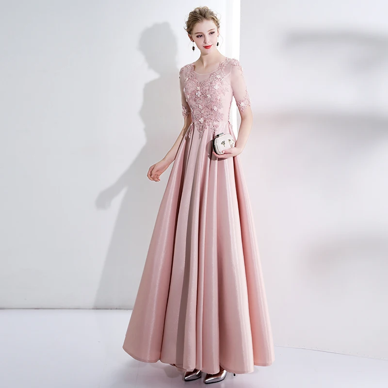 

New Women Elegant Korean Style Pink Party Dress Vintage Short Sleeve Floor-length Round Neck Summer Dress XHWS-037
