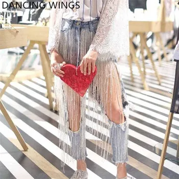 

Jeans Femme 2020 Streetwear beading tassel big hole sexy beggar jeans women punk denim pencil pants